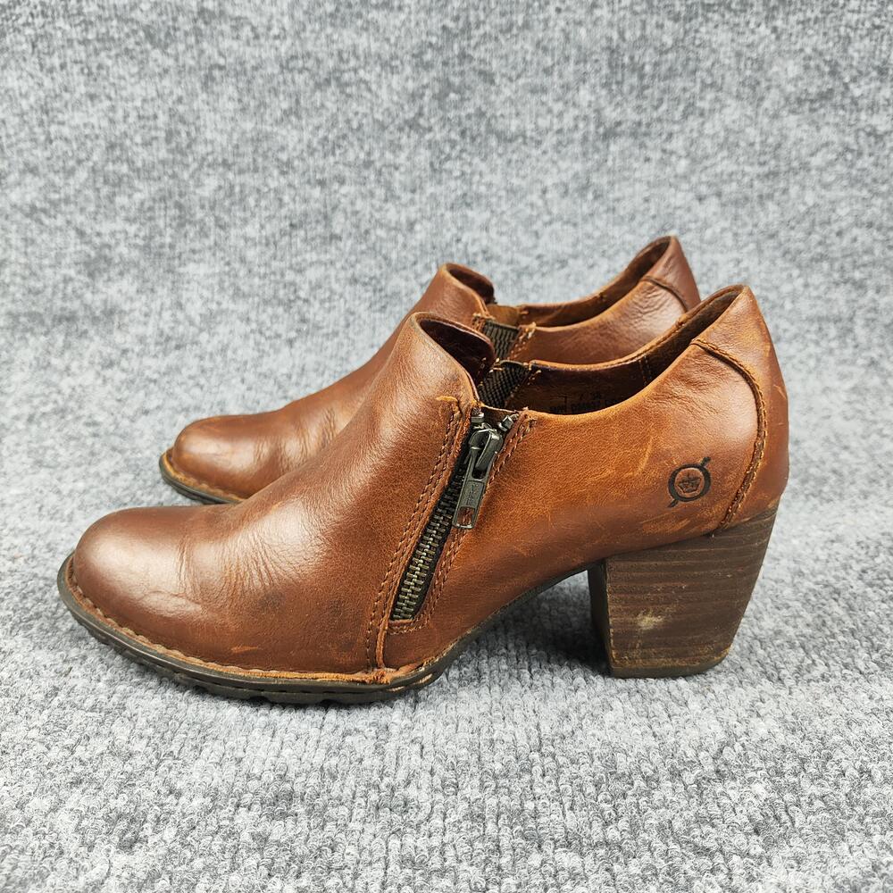 Born Boots Womens Size 7 Brown Leather Ankle Zip Block Heel Booties D34987
